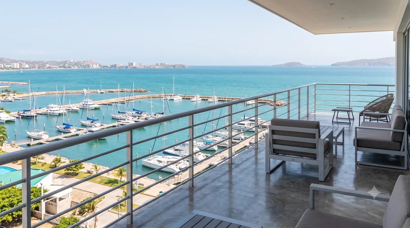 Terraza con barandas de aluminio frente a la marina de Puerto La Cruz